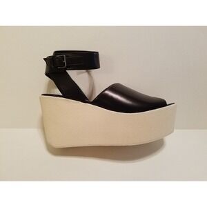 NEW DEREK LAM Black Leather FABIAN Wedge Platform Sandals Women's 10M NWOB 10023